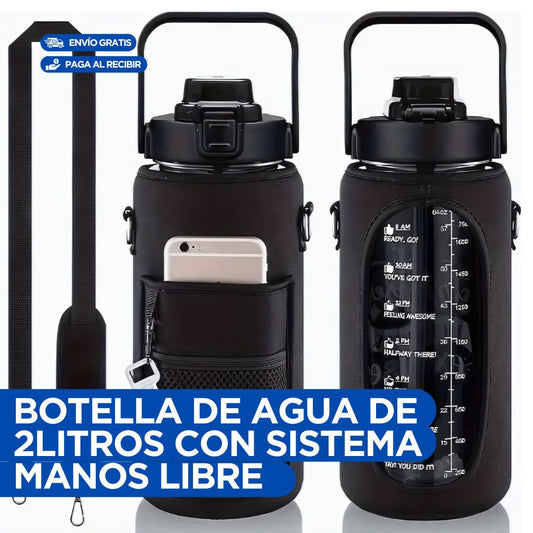 Botella de agua de 2 litros con funda protectora manos libres➕Curso online GRATIS de entrenamiento y alimentación Fitness